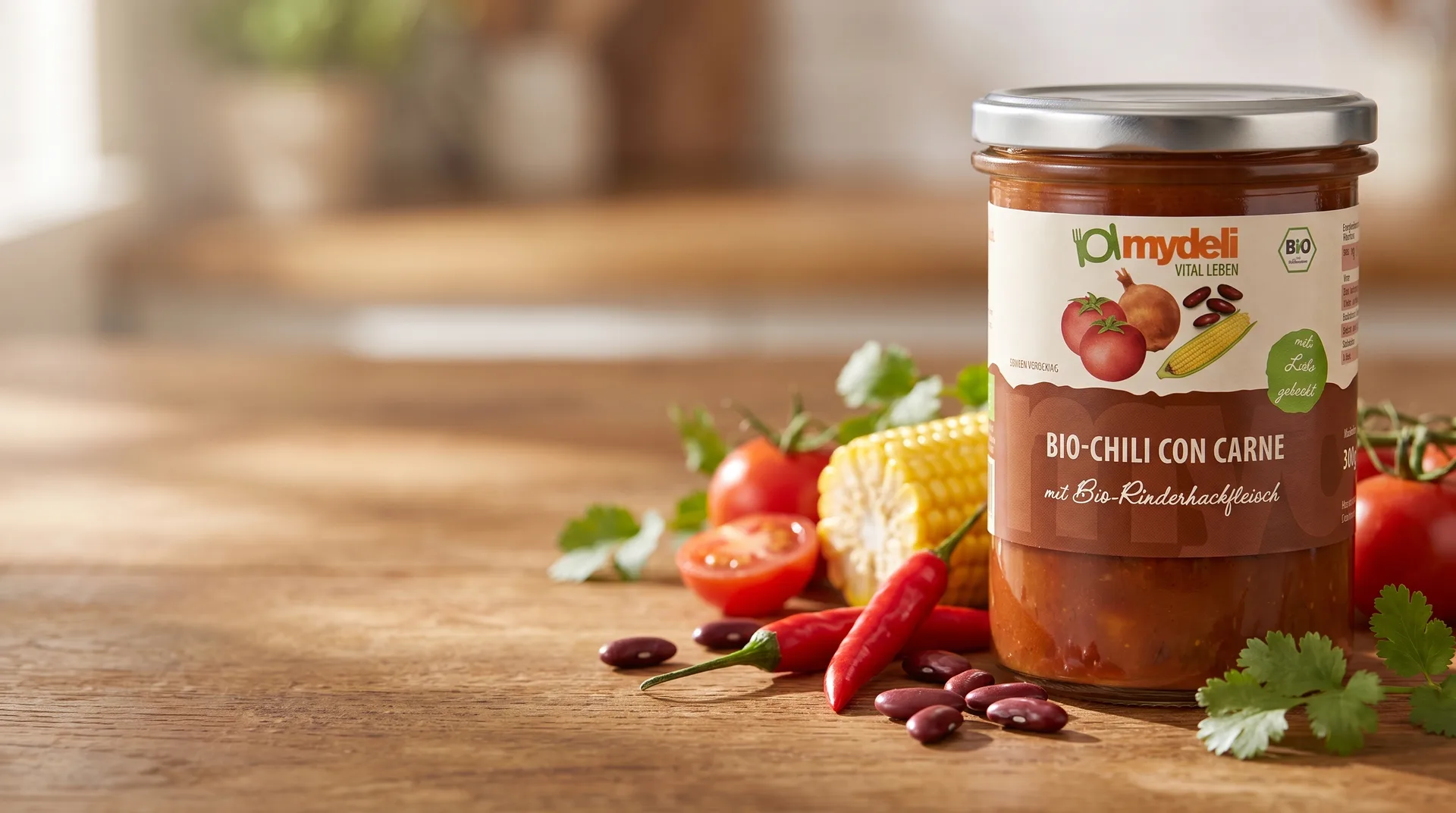 mydeli organic chili con carne jar on a kitchen counter